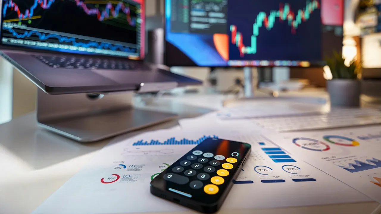 Bureau avec une calculatrice et des graphiques financiers affichés sur des écrans
