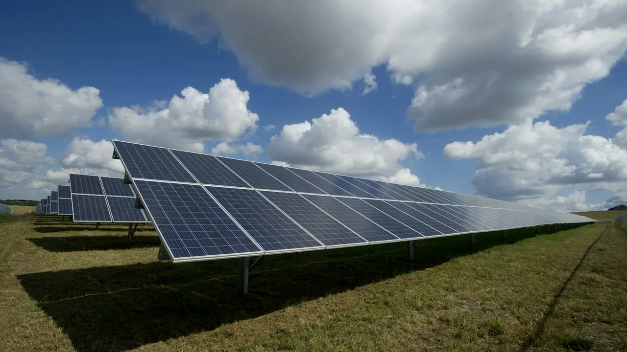 Rangées de panneaux solaires photovoltaïques installés au sol, sous un ciel bleu